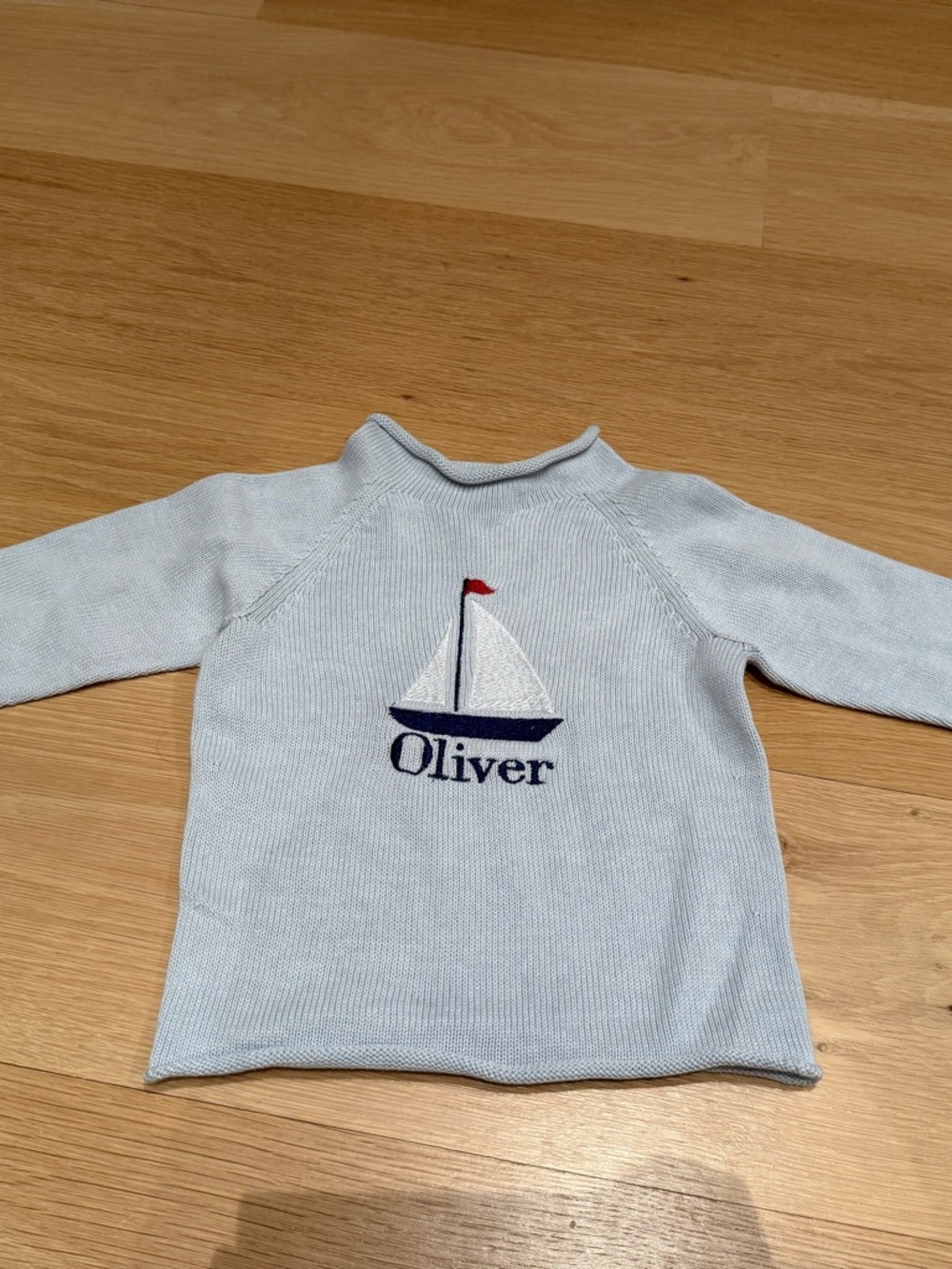 Personalized “Oliver” Light Blue Kids Sweater with Sailboat